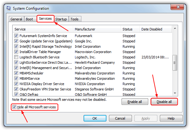 Check the box next to Hide all Microsoft services.
Click Disable all.