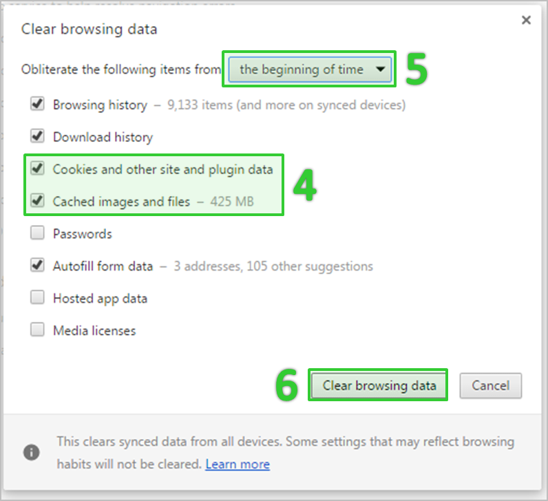 Choose the time range and select Cookies and other site data and Cached images and files.
Click Clear data.