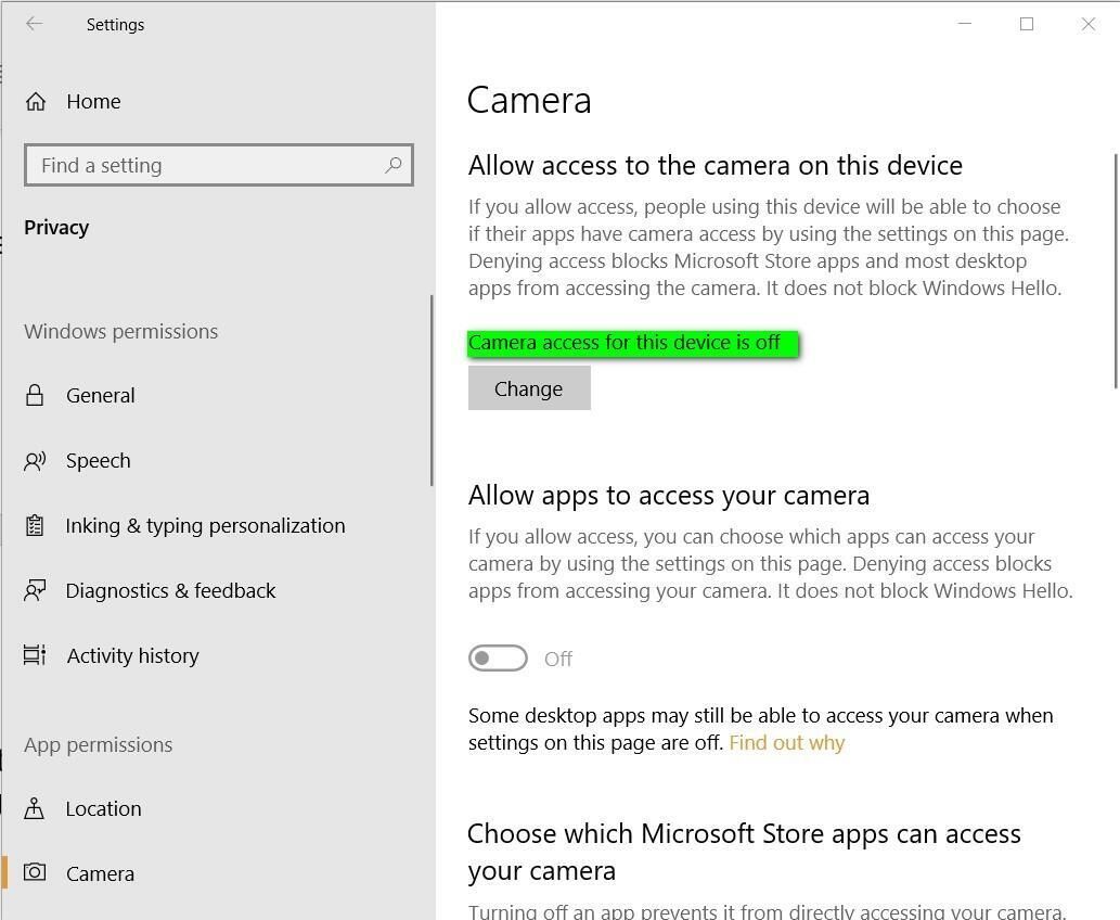 Click on the Start menu and go to Settings.
Select Privacy and then click on Camera.