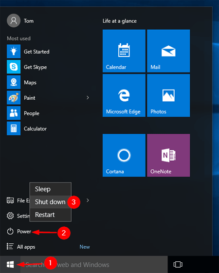 Click on the Start menu.
Select Restart or Shut Down.