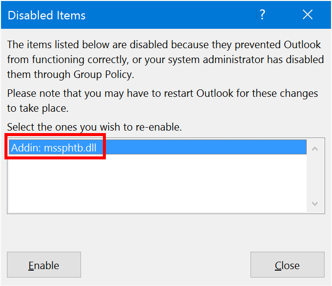 Confirm your selection by clicking on the "OK" button.
Restart Outlook to apply the changes made to the add-ins.
