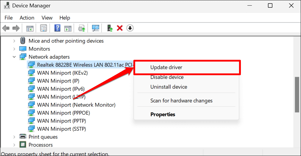 Expand the "Network adapters" category
Right-click on your network adapter and select "Update driver"