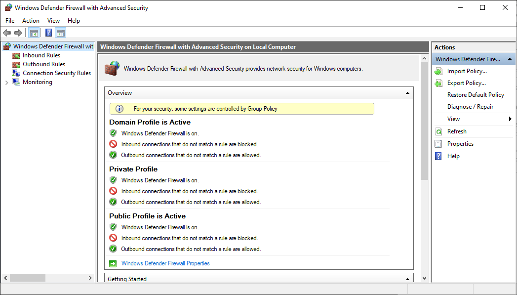 Firewall settings menu