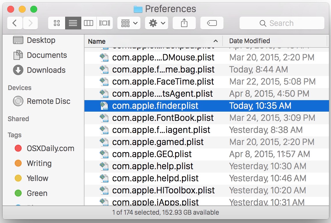 Go back to the "Library" folder and open the "Preferences" folder.
Locate and delete the "com.apple.finder.plist" file.