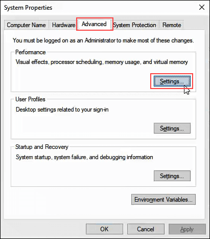 Go to the Advanced tab and click on Settings under the Performance section.
In the Performance Options window, navigate to the Data Execution Prevention tab.