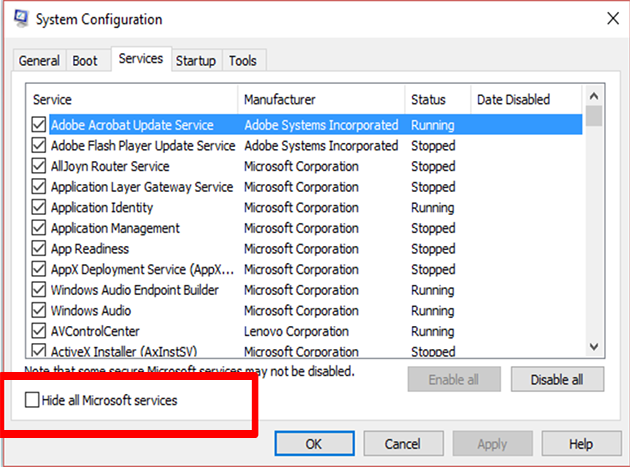 In the General tab, select Selective startup and uncheck Load startup items.
Go to the Services tab, check Hide all Microsoft services, and click on Disable all.