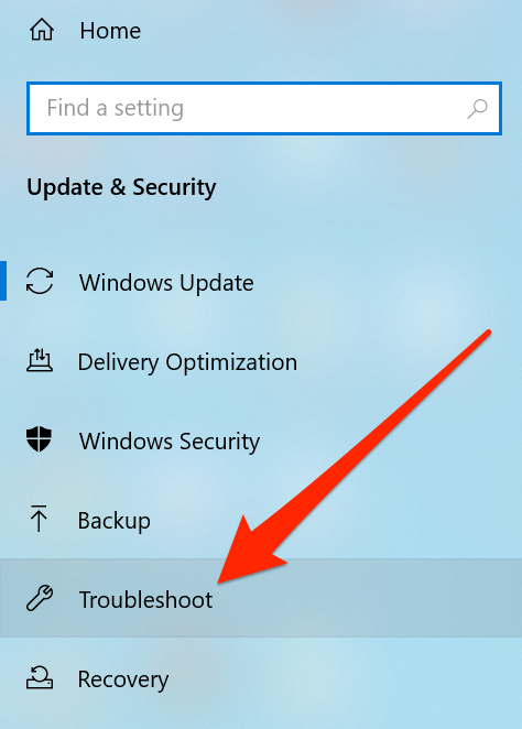 In the left pane, click on Troubleshoot.
Scroll down and click on Windows Update.