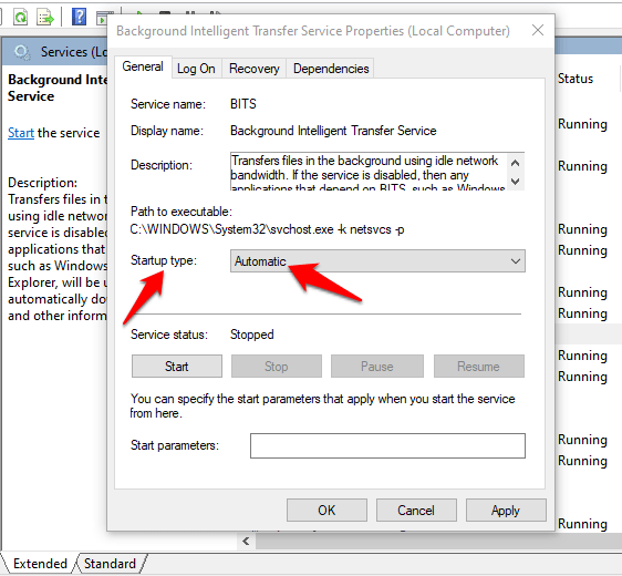 In the Properties window, ensure that the Startup type is set to Automatic.
If the service is stopped, click on the Start button to start it.