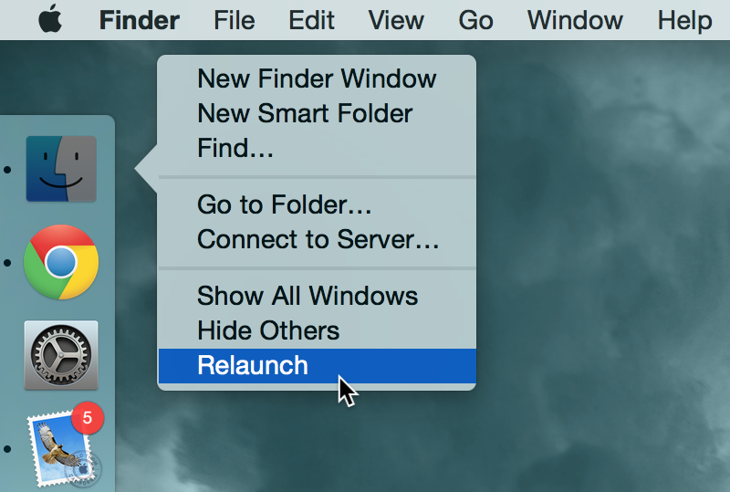 Locate "Finder" and click on it.
Click on the "Relaunch" button.