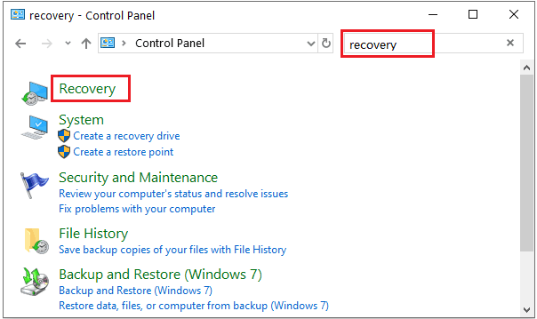 Open Control Panel by typing Control Panel in the search bar and selecting it from the results.
Click on Recovery and then select Open System Restore.
