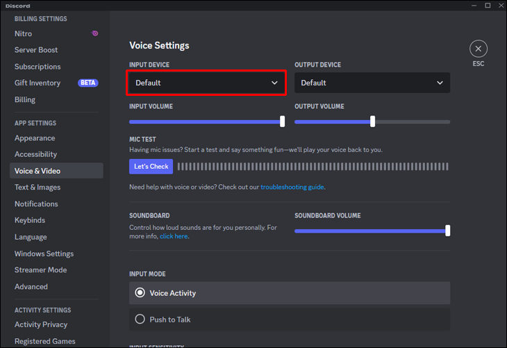 Open Discord and click on the User Settings icon (gear icon).
Select Voice & Video from the left-hand menu.