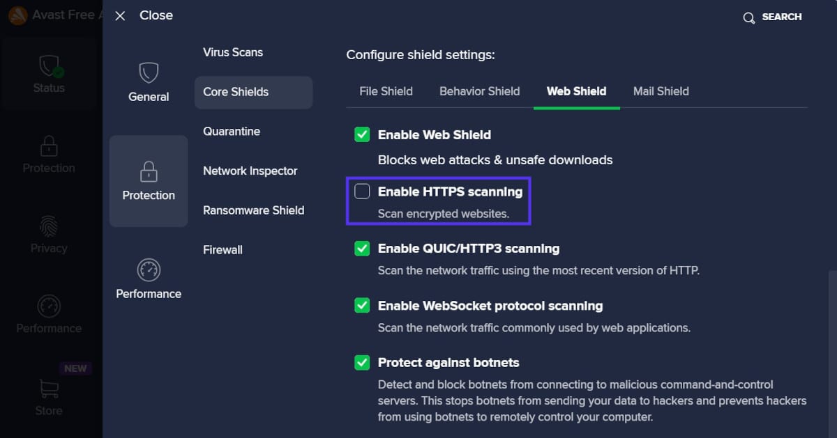 Open the antivirus or firewall settings
Disable the "HTTPS Scanning" or similar feature