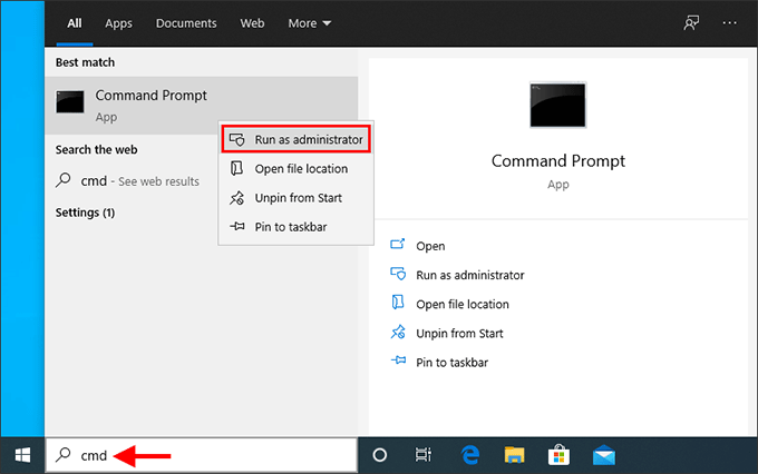 Open the Start menu and type cmd in the search bar.
Right-click on Command Prompt and select Run as administrator.