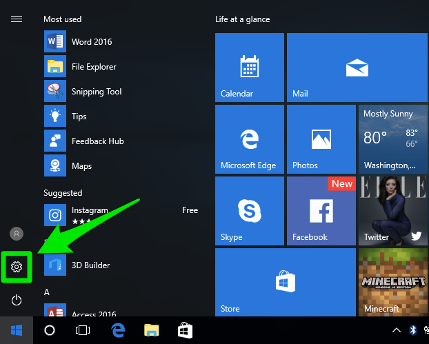 Open the Start menu by clicking on the Windows icon in the bottom left corner of the screen.
Select Settings from the start menu.