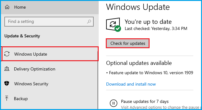 Press the Windows key and type Windows Update in the search bar.
Select the Check for updates option from the search results.