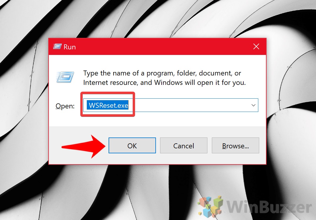 Press the Windows key + R to open the Run dialog box
Type "wsreset.exe" and click OK