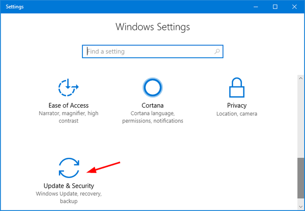 Press Windows Key + I to open the Settings app.
Click on "Update & Security".