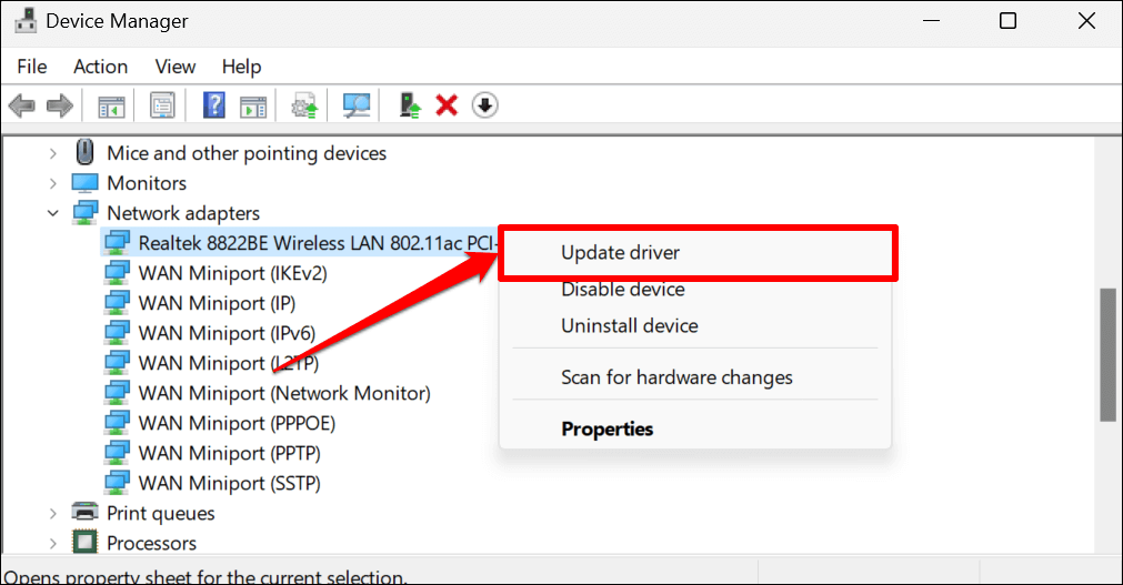 Right-click on the network adapter that is not working and choose "Update driver."
Select the option to automatically search for updated driver software.