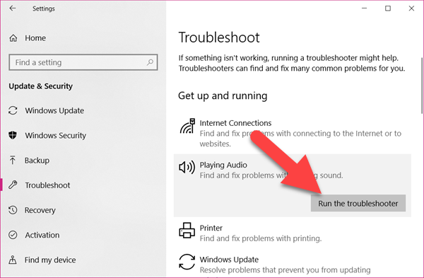 Scroll down and click on "Playing Audio."
Click on "Run the troubleshooter" and follow the prompts to identify and fix audio device detection issues.