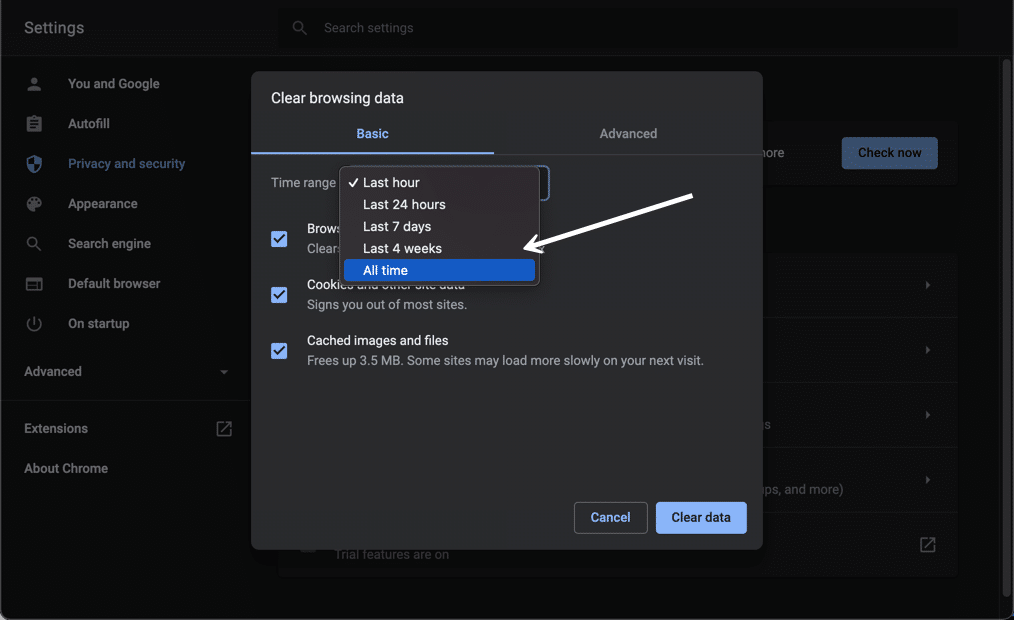 Scroll down and find the "Settings" option.
Scroll down again and locate the "Clear Cache" option.