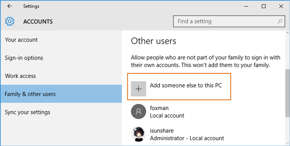 Select "Manage another account"
Click on "Add a new user in PC settings"