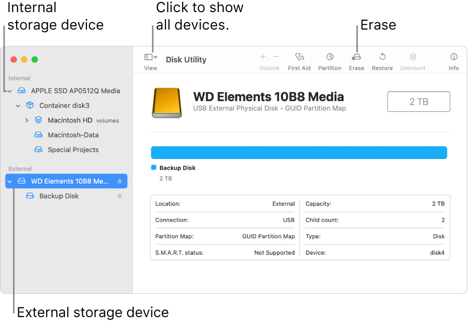 Select the disk you wish to erase from the list of available storage devices.
Click on the "Erase" button located at the top of the Disk Utility window.