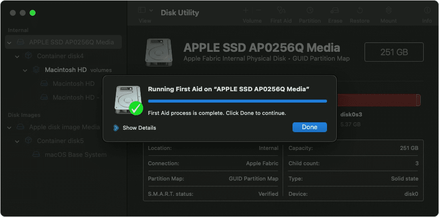 Select the Macintosh HD or the disk you want to erase.
Click on the First Aid tab.