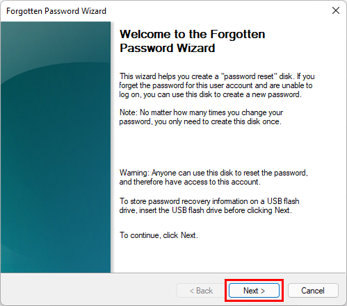 Wait for the wizard to create the password reset disk. This may take a few moments.
Once the process is complete, click Next and then click Finish.